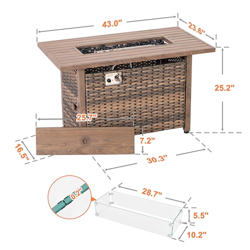 Image of Nuu Garden 43 Inch Propane Fire Pit, CSA-Listed Outdoor Fire Pit Table, 50000 BTU Gas FirePit with Lid, Glass Wind Guard, Glass Beads, 2-in-1 Rectangular FirePit for Outside Backyard, Brown