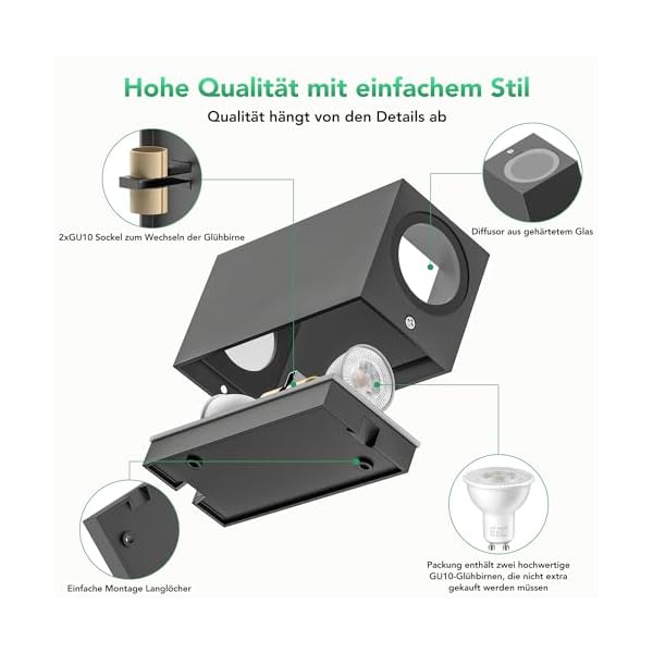 Wandleuchte Aussen Innen 2 Stück, IP65 Wasserdichte 10W Warmweiß 3000K Aluminium Eckig Außen Wandlampe Außenlampe mit GU10 Glühbirnen Außenleuchte für Garten Front Badezimmer Veranda Garage Anthrazit – Bild 3
