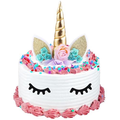 LUKIUP Decoración Para Tartas, 4 Piezas Decoracion Tartas Cumpleaños Unicornio, Unicornio Toppers, Cake Topper, Con Cuernos de Unicornio, Pestañas, Para Fiesta Suministros Cumpleaños Boda Navidad