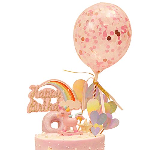 DEHUB Pastel de cumpleaños para Decoración para Pasteles, Unicornio Hecho a Mano decoración de la Magdalena Topper con Globo de Confeti(Rosa)