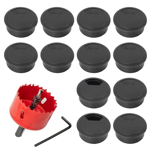 GIBOHOM 12 Piezas Pasacables de Escritorio, 60mm Negro Ojal de Escritorio de Ojal de Cable de Escritorio Cubiertas, para Cable de Mesa de Oficina y Hogar