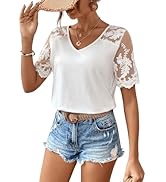 BEAUDRM Women's Casual Contrast Lace Short Sleeve V Neck Solid Regular Fit Blouse Shirts Top