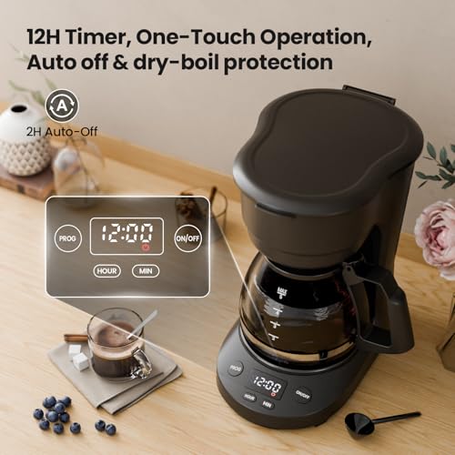 Image of Kismile 5-Cup Drip Coffee Machine with LED Display, Small Coffee Maker with Anti-Drip, Timer, Auto Shut-Off, Dry-Boil Protection, Removable Funnel, Compact, Ideal for Home & Office (Black)
