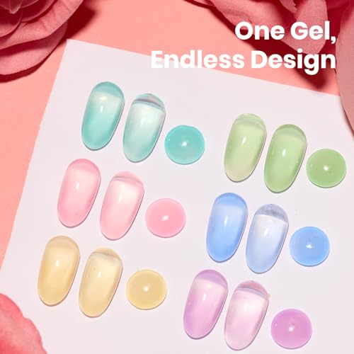 Image of Beetles Spring Nectar Jelly Gel Nail Polish Set - 6 Colors 15ML Full Size Pastel Gel Polish Kit Pink Purple Blue Mint Green Yellow Sheer Translucent Effect Soak Off UV Nail Art Manicure Gift for Women