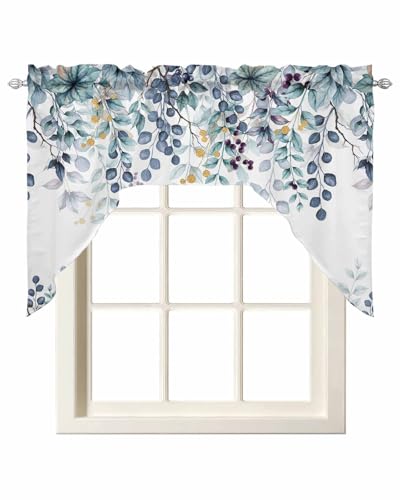 Swag Curtain Valances Blue Eucalyptus Leaves Swag Valances for Kitchen Windows Berry Plant Rod Pocket Window Treatment Curtains Drapes for Kitchen Bedroom Living Room Bathroom Over Sink 56"x36"