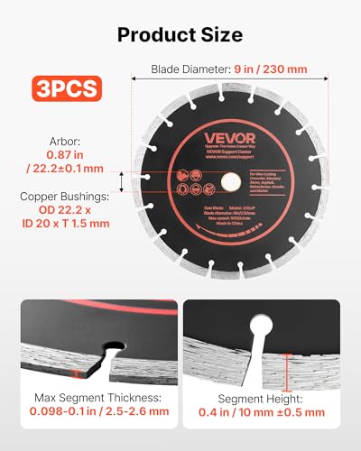 Image of VEVOR Diamond Blades 9 inch, 3-Pack Concrete Saw Blade Set, 7 /8 in Arbor, High-Hardness Diamond Segments, 65Mn Steel Core, Dry Wet Cutting, Clean Edges for Concrete, Masonry, Brick, Stone, Granite