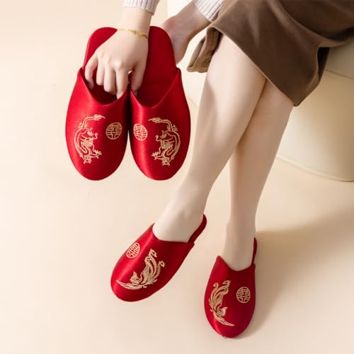 Premium Luxury Red Satin Silk Phoenix All Seasons Comfort Women's House Slippers Wedding Indoor Soft Home Slip On Shoes2