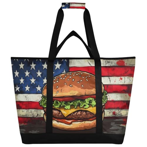 Hamburger American Flag Large Insulated Tote Bag for Grocery Shopping Reusable Tote Bags for Women Men, Cooler Bag with Zippered Top & Handles for Beach Picnic Travel