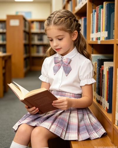 Image of Betusline Girls Skirt Set JK School Uniform 2-Piece Outfit - Short Sleeve Shirt with Bow & Pleated Skirt 4T-14Y