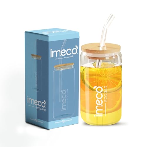 Image of IMECO ECO JAR Borosilicate Glass Sipper with Bamboo Lid & Straw, 600ml | Leak-Proof, BPA-Free & Eco-Friendly | Travel-Ready Bottle for Milk, Coffee, Green Tea & Water