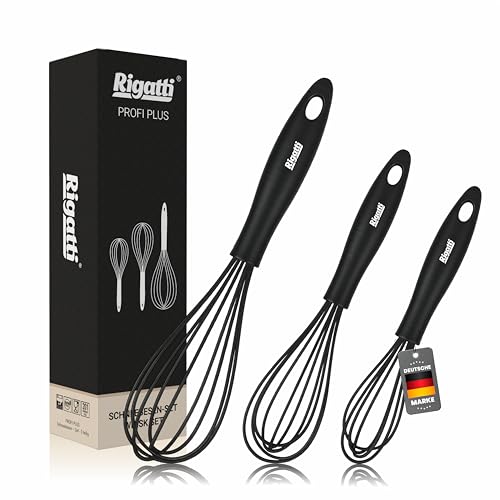 Rigatti Silikon Schneebesen Set 3er Edelstahlkern & rutschfester Griff BPA-frei hitzebeständig & kratzfrei Perfekt für Teflon Profi Rührbesen Set 28/26/23 cm leicht zu reinigen
