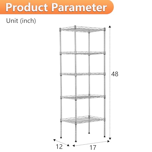 Image of BestOffice | 5-Tier Wire Storage Shelves | 17x12x48 | Chrome | with Adjustable Racks | Heavy-Duty Metal Shelf, Holds Upto 750 lbs | No-Tool Assembly | Ideal for Home & Garage Shelving