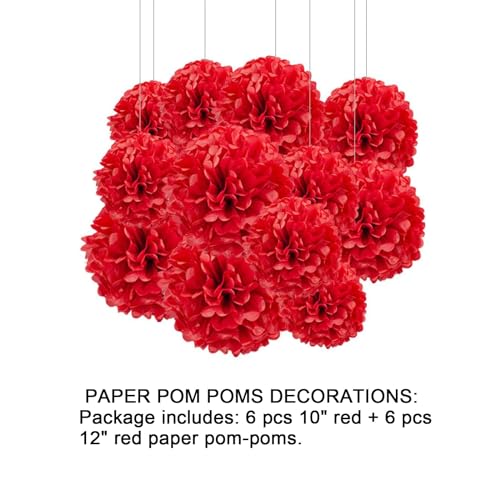 Image of 12pcs Red Paper Pom Poms Decorations for Party Ceiling Wall Hanging Tissue Flowers Decorations - 1 Color of 12 Inch, 10 Inch