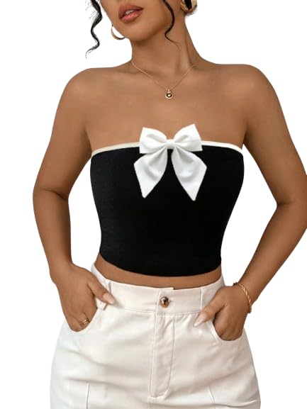 tivante Solid Y2K Tube Sleeveless Bow Crop Tops, Korean Style for Women-picture-34
