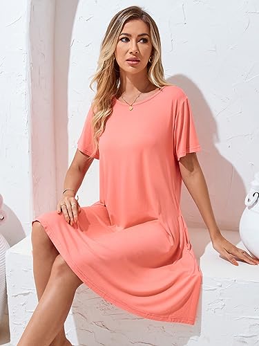Image of Women's Summer Dresses 2026 Casual T Shirt Dress Short Sleeve Loose Flowy Sundress Swing Tunic Dress with Pockets Melon Red