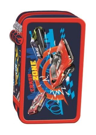 Hot Wheels Estuche escolar con 3 cremalleras, 43 piezas, multicolor, Zona de choque