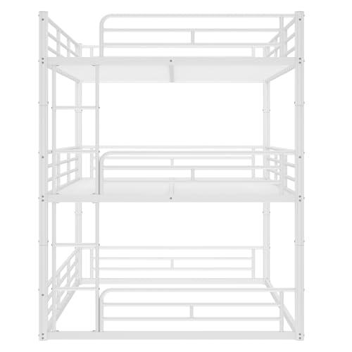 Image of Queen Over Queen Over Queen Bunk Bed with Safety Guardrails, Modern Metal Triple Bed Frame for Kids, No Box Spring Required, White