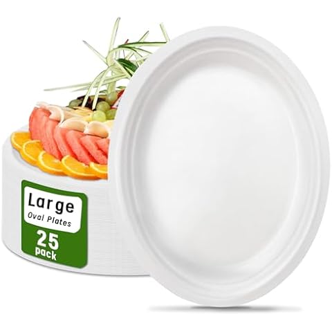 VEIZEDD 25 PCS Compostable Paper Plates 12 Inch | White Paper Plates Heavy Duty∣Disposable Bagasse Plates Eco-Friendly Oval Paper Plates for Meal, BBQ, Party,Thanksgiving Cover