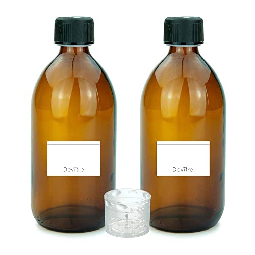 Devitre 2 braune Glasflaschen 500 ml mit Deckel Messbecher und Beschriftungsetiketten Cover