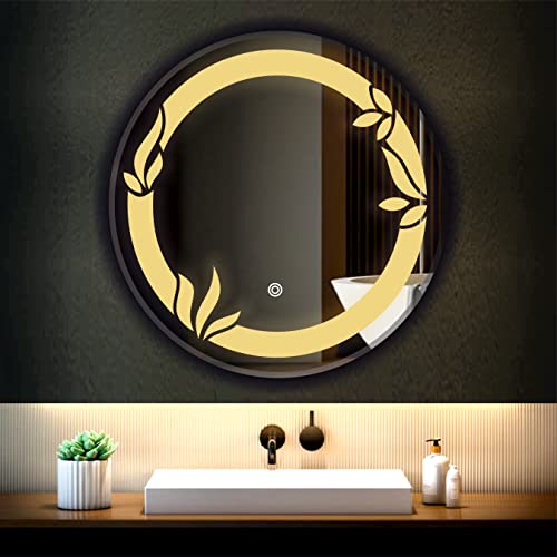 Image of LED Mirror Glass Bathroom Wall - Decorative Led Mirror with Touch Sensor Lights Cabinet Vanity Wall Design Darpan Full Length for Home (21x21 Inch Round DH8)