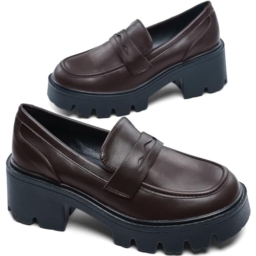 Image of Black Penny Loafers for Women - Women's Slip-On Platform Patent Leather Loafers, Chunky Comfort Shoes for Work & Dressy Occasions