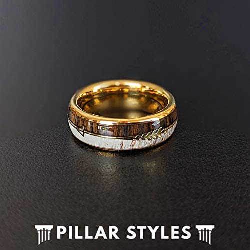 14K Gold Ring Mens Antler Wedding Band With Koa Wood And Arrow Inlay 8Mm Tungsten Deer Antler Rings For Men Rustic Wooden Boho Anniversary Gifts #TOP3