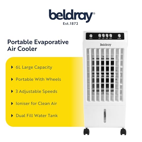 Beldray Portable Air Cooler - 6L Cooling Fan, 3 Speeds, Swing Function, 2 Ice Packs Included for Cool Air Flow, Dual Fill Water Tank, Carry Handle, 360 ° Wheels, Ioniser