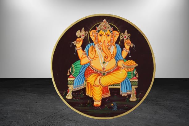Pichwai Style Ganesha painting on wooden plate with acrylic color 10 Inches plate for wall decor