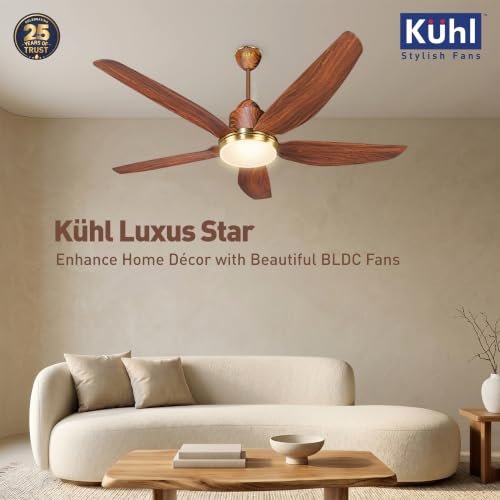 Image of KUHL Luxus Star 1400mm Stylish 65% Power Saving BLDC Ceiling Fan With Remote | BEE 5 Rated & ISI Marked | Down Light | High Air Flow & Low Noise | Smart IoT | Reverse Mode | Free Installation | Teak