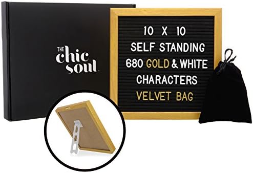 The Chic Soul Letter Board 10"x10" with 680 Letters, Numbers, Symbols - Self Standing Gold Oak Frame, Wall Mount, and Velvet Bag (Black)