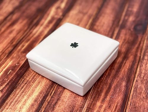 Susabella - Baptism Gift, First Communion Gift, or Confirmation Gift – Square Ceramic Keepsake Box with Irish Blessing and Shamrock in Green