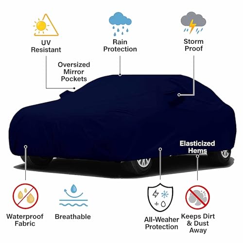 Image of Sulfar 100% Waterproof Car Body Cover Compatible with Mirror for Mahindra Xylo (Triple Stitched, Full Bottom Elastic, Blue-TB)
