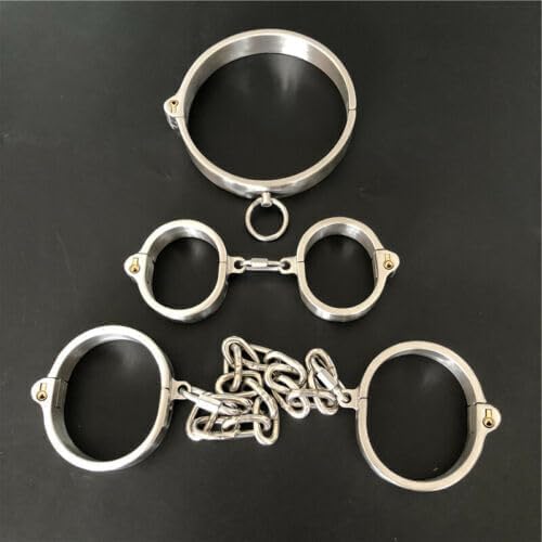 Sex Bondage BDSM Kit Sexy Slave Stainless Steel Lockable Wrist Handcuffs&Ankle Shackle&Collar Chain Restraints Set Adult Sex Toys Couple Supplies (Female B) - Female B