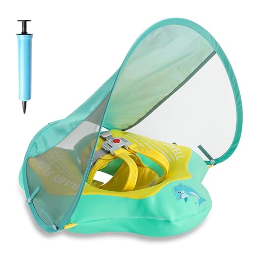 Baby Pool Float with Canopy UPF50+ Sun Protection, Soft Fabric-Covered Inflatable Baby Float, No Flip Over Infant Swim Float for Baby 6-36 Months, Skin Protect Toddler Pool Floaties for Boys and Girls