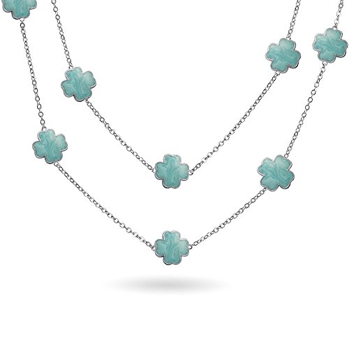 Aqua Blue Clover Flower Long Silver Plated Brass Station Tin Cup Chain Wrap Layer Necklace for Women 42 Inch