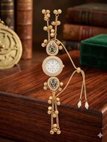 Image of Gold-Plated Kashmiri Bracelet Watch with Kundan Embellishments, Ghungroo Charms and Pearl Accents