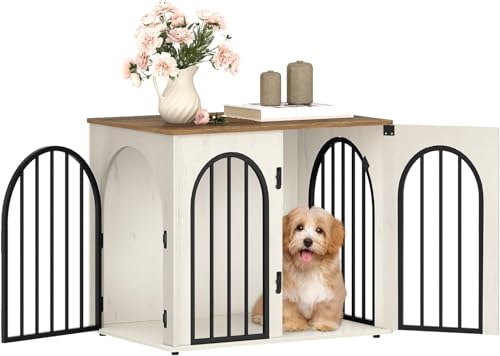 Hzuaneri 68 cm Gabbia per Cani, Tavolo Supplemento, Cuccia Moderna per Cani Interno, Gabbia per Cuccioli, Casetta per Animali, 3 porte, Porta ad arco, 49 x 68 x 56 cm, Bianco e Marrone