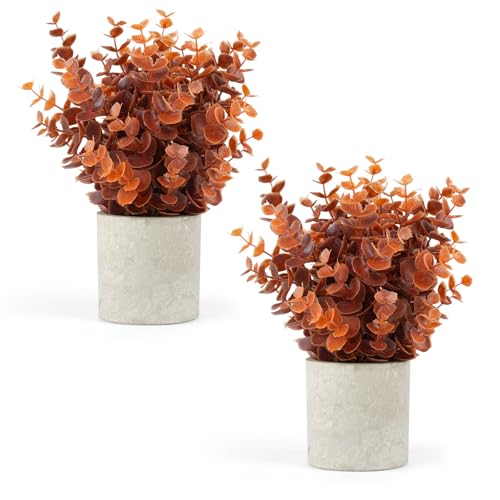 Velener 2 PCS Small Fake Eucalyptus Plant Artificial Potted Plants Indoor for Desk Shelf Home Decor Realistic Faux Plant for Office Bathroom Living Room Decoration (Fall Orange)