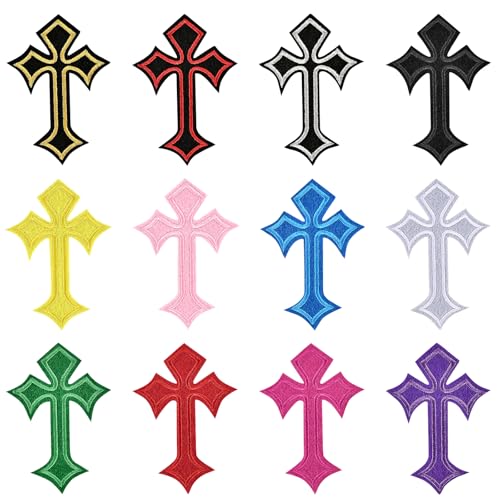 Morcheiong 12Pcs Cross Patches Iron On Cross Embroidered Applique Patch DIY Decor Patches for Clothes Jeans Hat BackpackMulticolor