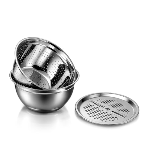 Image of Wonderchef Modena Stainless-Steel Bowl with Strainer, Grater | Multi-Slot Lid for Fine /Coarse Grating | Food-Grade, Non-Corrosive, Sturdy | Anti-Skid | 1-Year Warranty