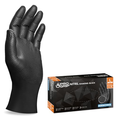 50x PROGRIP Guanti nitrile L Nero [Extra resistenti], Guanti monouso plastica, 2x più spessi, con finitura diamantata, Guanti in nitrile per industria e montaggio, guanti lavoro