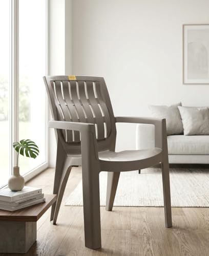 Image of Patiofy Plastic Arm Chair for Living Room, Heavy Duty Plastic Chair for Home and Outdoor, Solid Back Support, Comfortable Seating with Arm Support, 200 Kg Capacity (Spino Choco Cream- Set of 1)