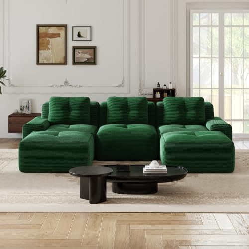 Image of 117 inch U-Shaped 3-Seater Modular Boneless Couch with 2 Ottomans, Cozy Corduroy Upholstery, Deep Seat Cloud sectional Sofa, No Assembly Anti-Slip Stable Design, Green
