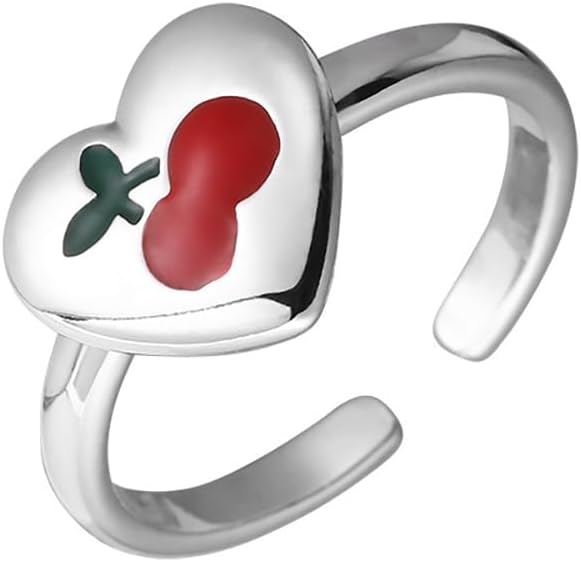 Fashion Heart Cherry Adjustable Statement Ring for Women Enamel Fruit Love Heart Open Stacking Finger Bands Eternity Friendship Rings Minimalist Jewelry Gifts Valentine's Day