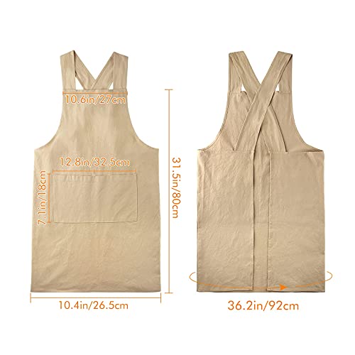 Surblue Cotton Linen Cross Back Aprons Solid Color Unisex Pinafore Vintage Apron Japanese Style With 2 Pockets For Kitchen Cooking Baking Painting Gardening Cleaning For Women Men, Beige #TOP4
