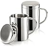 Yesland 2 Pack 13.5 oz (400ml) Stainless Steel Double-Walled Metal Mugs - Perfect Size for Coffee & Tea, Insulated Cup with Lid and Handle, Thermal Camping Mugs for Hot and Cold Drinks