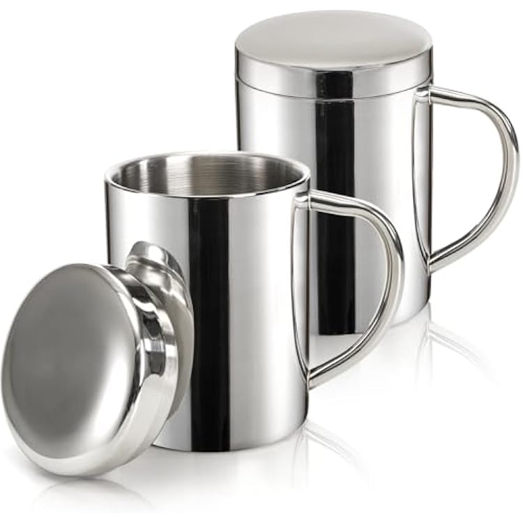 Yesland 2 Pack 13.5 oz (400ml) Stainless Steel Double-Walled Metal Mugs - Perfect Size for Coffee & Tea, Insulated Cup with Lid and Handle, Thermal Camping Mugs for Hot and Cold Drinks