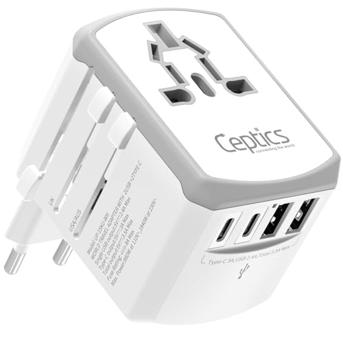 Ceptics Universal Travel Adapter 17.5W, 5 in 1 Universal Laptop Charger with 2X USB-A & USB-C 3.5A for Mobiles, Laptops, Cameras US, UK, EU, AU, All in 1 Type A, C, G, I Output, White by Ceptics - Used condition - CA$23.19