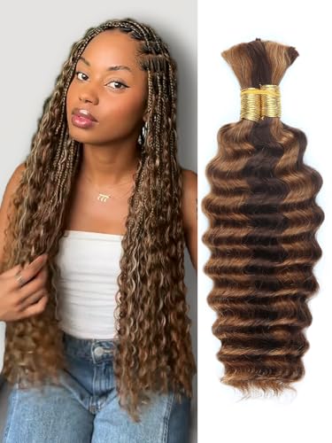 4/30 Bronze Gold Human Braiding Hair Deep Wave BulkHighlight No Weft Curly Braiding Hair Extensions for Boho Braids Wet and Wavy Braiding Human Hair Bundles(16inch 4/30 100g)