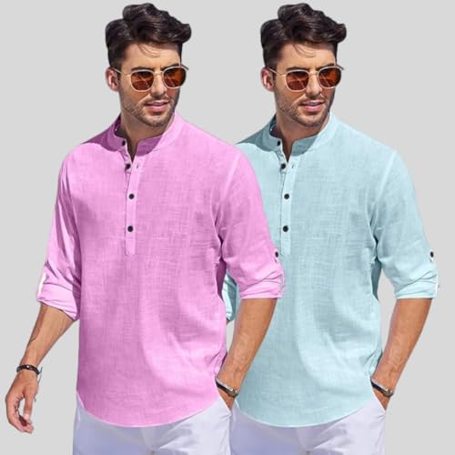 Image of Bellstone Men's Cotton Blend Straight Kurta Shirt Combo with Mandarin Collar - Slim Fit Casual Short Kurti Set Featuring Textured Slub Fabric and Roll-Up Full Sleeves